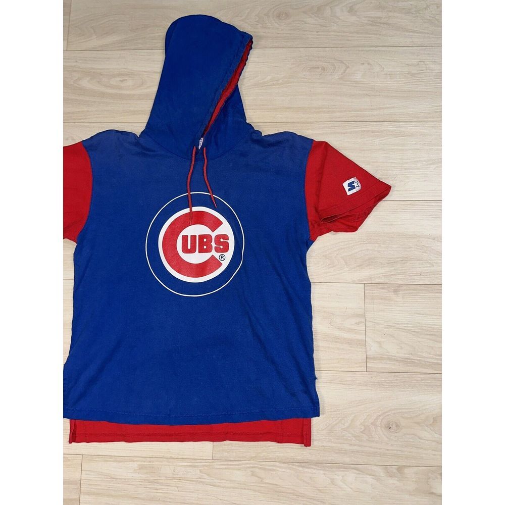 Vintage 90s Chicago CUBS Starter Shirt Mens L‎ Blue Hooded Short Sleeve T-Shirt - Picture 3 of 5